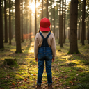 Ein Kind, von hinten fotografiert, steht in einem Wald, während die tiefstehende Sonne durch die Bäume scheint und eine magische Lichtstimmung erzeugt. Es trägt eine rote Kappe, eine Jeans-Latzhose und einen Strickpullover.