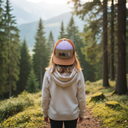 Ein Kind, von hinten fotografiert, steht auf einem Waldweg und blickt auf eine sonnendurchflutete Berglandschaft. Es trägt einen hellen Kapuzenpullover und eine mehrfarbige Retro-Kappe mit dem Schriftzug "BAZI".