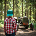 Ein kleiner Junge, von hinten fotografiert, steht auf einem Waldweg und blickt auf einen alten, grünen Traktor. Er trägt ein rot-weiß kariertes Hemd und eine grüne Kappe, die passend zum Traktor den "Bulldog"-Schriftzug trägt.