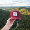 Aus der Ich-Perspektive hält eine Hand eine weinrote Kappe mit einem Fuchs-Aufnäher in den Vordergrund. Im Hintergrund erstreckt sich eine weite, malerische Landschaft aus dichten Wäldern und sanften Hügeln, durch die sich ein Feldweg schlängelt.