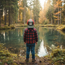 Ein kleiner Junge, von hinten fotografiert, steht am Ufer eines ruhigen Waldsees und blickt auf das Wasser. Er trägt ein rot-schwarzes Karohemd und eine Kappe mit einem Karpfen-Motiv, umgeben von einem herbstlichen Wald.
