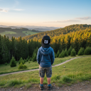 Ein kleiner Junge, von hinten fotografiert, steht mit den Händen in den Hosentaschen auf einem Aussichtspunkt. Er trägt eine schwarze Kappe mit Kuh-Motiv und blickt auf eine weite Landschaft aus bewaldeten Hügeln, die in das warme Licht der untergehenden Sonne getaucht sind.