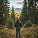 Ein kleiner Junge, von hinten fotografiert, steht mit den Händen in den Hosentaschen in einem Wald. Er trägt eine grüne Jacke und eine braune Kappe mit Kuh-Motiv und blickt durch eine Lücke in den Bäumen auf eine ferne Bergkette.