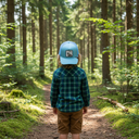 Ein Kind, von hinten fotografiert, steht auf einem Waldweg in einem sonnendurchfluteten Nadelwald. Es trägt ein kariertes Hemd und eine hellblaue Kappe mit einem Wolf-Aufnäher.