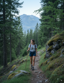 Eine Frau lächelt, während sie mit einem hölzernen Wanderstock auf einem schmalen Weg durch einen dichten Nadelwald wandert. Sie trägt ein graues T-Shirt, Jeans-Shorts und Wanderstiefel. Hohe Bäume und moosbewachsene Felsen säumen den Weg, und in der Ferne ist durch eine Lichtung ein Berggipfel zu sehen.