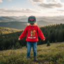 2. For the file envato-labs-image-edit (7).jpg: Ein kleines Kind steht lachend auf einer Bergwiese bei Sonnenuntergang. Es trägt einen leuchtend roten Strickpullover mit einem Eichhörnchen-Motiv ("BAYERN FUN!") und hat eine Kappe tief ins Gesicht gezogen. Im Hintergrund erstreckt sich eine weite Landschaft aus bewaldeten Hügeln.