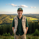 Ein lächelnder Mann steht mit den Händen in den Hosentaschen auf einer Anhöhe. Er trägt eine Weste über einem grünen Hemd und eine grüne Kappe mit einem Lederaufnäher. Im Hintergrund erstreckt sich eine weite Landschaft aus bewaldeten Hügeln im Licht der Abendsonne.