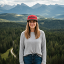 Eine junge Frau steht auf einem Aussichtspunkt und lächelt in die Kamera. Sie trägt eine rote Kappe mit der Aufschrift "Drachenblut", während sich hinter ihr eine weite Landschaft aus bewaldeten Hügeln und einer schroffen Bergkette erstreckt.