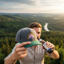 Ein Mann hält eine grau-grüne Kappe mit einem Brauerei-Logo in den Vordergrund und trinkt dabei aus einer Bierflasche. Er befindet sich auf einem Aussichtspunkt mit einem weiten Blick über ein bewaldetes Flusstal bei Sonnenuntergang.