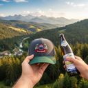Aus der Ich-Perspektive halten zwei Hände eine grau-grüne Kappe und eine Flasche Bier der Marke "Mühlbauer" nebeneinander in die Höhe. Im Hintergrund erstreckt sich ein weites, sonniges Alpental mit einem Dorf, einem Fluss und einer Bergkette am Horizont.