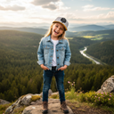 Ein fröhlich lachendes Mädchen steht mit den Händen in den Hosentaschen auf einem Felsen. Es trägt eine Jeansjacke und eine graue Kappe mit einem Schirm in Holzoptik und einem Baum-Logo. Im Hintergrund erstreckt sich eine weite Landschaft aus bewaldeten Hügeln und einem Fluss im Tal.