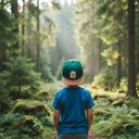 Ein kleiner Junge, von hinten fotografiert, steht auf einem Pfad in einem moosbewachsenen, sonnendurchfluteten Wald. Er trägt eine grüne Kappe mit hellbraunem Schirm und blickt in die Tiefe des Waldes.