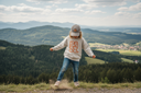 Ein Kind in einem hellen Pullover mit "BAZI"-Aufdruck und einer Kappe tanzt ausgelassen auf einem Hügel und wirbelt dabei Staub auf. Im Hintergrund erstreckt sich eine weite Landschaft aus bewaldeten Hügeln.