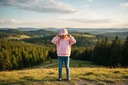 Ein Kind in einem rosa Pullover mit der Aufschrift "LAUSDEANDL" steht auf einem Hügel vor einer weiten Landschaft aus bewaldeten Hügeln. Es zieht sich mit beiden Händen eine passende rosa Kappe über die Augen, während das warme Licht der untergehenden Sonne die Szene beleuchtet.