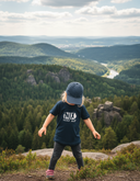Ein Kind in einem dunkelblauen T-Shirt mit der Aufschrift "NIX DERF MA" steht auf einem felsigen Aussichtspunkt und blickt nach unten. Im Hintergrund erstreckt sich eine weite Landschaft aus bewaldeten Hügeln, Felsen und einem Fluss im Tal.