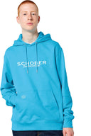 Vorderansicht eines jungen Mannes mit kurzen roten Haaren in einem leuchtend cyanblauen Hoodie. Der Brustbereich zeigt den weißen Schriftzug „SCHOBER – Handwerkerliebe“. Eine Hand steckt in der Kängurutasche, die ein kleines rundes Logo-Patch trägt.