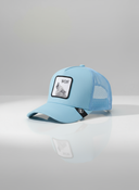 Ein professionelles Produktfoto einer hellblauen Trucker-Kappe. Auf der Vorderseite befindet sich ein quadratischer Aufnäher, der einen heulenden Wolf und den Schriftzug "WOIF" zeigt. Die Kappe steht auf einer spiegelnden Oberfläche vor einem hellen Studiohintergrund, was eine deutliche Reflexion erzeugt.
