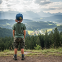 Ein Junge, von hinten fotografiert, steht auf einem Aussichtspunkt und blickt auf eine beeindruckende Berglandschaft mit einem Tal, einem Fluss und dichten Wäldern. Er trägt eine blau-braune Kappe mit der gelben Aufschrift "BAZI".