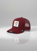 Ein professionelles Produktfoto einer weinroten Trucker-Kappe. Auf der Vorderseite befindet sich ein quadratischer Aufnäher, der einen Fuchs und den Schriftzug "FUX" zeigt. Die Kappe steht auf einer spiegelnden Oberfläche vor einem hellen Studiohintergrund, was eine deutliche Reflexion erzeugt.
