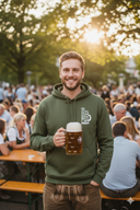 Ein freundlich lächelnder Mann in einem olivgrünen Kapuzenpullover und einer traditionellen Lederhose steht in einem gut besuchten Biergarten. Er hält einen vollen Maßkrug in einer Hand und blickt direkt in die Kamera, während die Abendsonne durch die Bäume scheint.