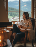 Eine Frau in einem beigen Kapuzenpullover sitzt gemütlich in einem Sessel am Fenster und hält eine dampfende Tasse in ihren Händen. Sie blickt nachdenklich auf die Berglandschaft draußen. Im Vordergrund sorgt ein warmes Kaminfeuer für eine behagliche Atmosphäre.