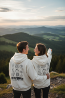 Ein Paar, beide in den gleichen cremefarbenen Kapuzenpullovern, steht von hinten auf einem Berggipfel bei Sonnenuntergang. Der Mann hat den Arm um die Frau gelegt, die lachend in die Ferne auf eine weite Landschaft aus bewaldeten Hügeln zeigt.