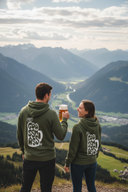 Ein Paar in passenden olivgrünen "Goassmass"-Kapuzenpullovern steht auf einem Berggipfel mit Blick auf ein weites, beeindruckendes Alpental. Der Mann hält einen vollen Bierkrug hoch, und die Frau blickt ihn lächelnd an.