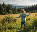 Ein Mädchen mit langen blonden Haaren, von hinten gesehen, geht durch eine sonnige Wiese. Es trägt einen salbeigrünen Kapuzenpullover mit der lila Aufschrift "GUADE VIBES" und hält einen Weidenkorb voller Heidelbeeren in der Hand, aus dem ein paar Beeren herausfallen.
