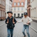 Ein kleiner Junge und ein Mädchen, die passende Kappen tragen, gehen eine Kopfsteinpflastergasse entlang. Der Junge lächelt und trägt einen Rucksack, während das Mädchen hinter ihm läuft, sich an seiner Jacke festhält und eine kleine Puppe in der Hand hat.