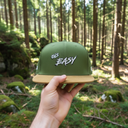 Aus der Ich-Perspektive hält eine Hand eine olivgrüne Kappe mit dem "Ois Easy"-Schriftzug in den Vordergrund. Im Hintergrund erstreckt sich ein sonnendurchfluteter, moosbewachsener Nadelwald.