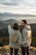 Ein Paar in passenden salbeigrünen Kapuzenpullovern steht von hinten auf einem Aussichtspunkt in den Bergen. Sie umarmen sich, während die Frau auf die beeindruckende Landschaft aus Tälern und einer schneebedeckten Bergkette in der Ferne zeigt und der Mann sie anlächelt.
