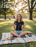 Eine fröhliche Frau sitzt im Schneidersitz auf einer Picknickdecke in einem sonnigen Park und wirft lachend buntes Konfetti in die Luft. Neben ihr auf der Decke liegen ein Buch, eine Kamera und eine Gitarre. Die untergehende Sonne erzeugt einen warmen, goldenen Schimmer im Hintergrund.