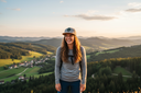 Eine lachende Frau mit langen, gewellten Haaren steht auf einem Aussichtspunkt. Sie trägt eine graue Kappe mit Holzschirm und einem Baum-Logo. Im Hintergrund erstreckt sich eine weite Landschaft aus bewaldeten Hügeln und einem Dorf im Tal, alles im warmen Licht der untergehenden Sonne.