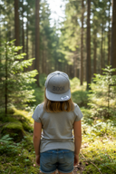 Ein Mädchen mit blonden Haaren, von hinten fotografiert, steht auf einem Waldweg und blickt in die Tiefe des sonnendurchfluteten Waldes. Sie trägt eine graue Kappe mit der Ton-in-Ton-Aufschrift "BIXN".