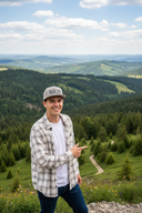 Ein lächelnder junger Mann steht auf einem Aussichtspunkt in den Bergen. Er trägt eine nach hinten gedrehte, graue Kappe mit der Aufschrift "BAZI" und zeigt mit dem Finger zur Seite. Im Hintergrund erstreckt sich eine weite Landschaft aus bewaldeten Hügeln.