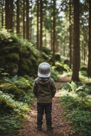 Ein kleiner Junge, von hinten fotografiert, steht auf einem erdigen Pfad in einem dichten, moosbewachsenen Wald. Er trägt eine graue Kappe mit der Aufschrift "BAZI" und blickt in die Tiefe des sonnendurchfluteten Waldes.