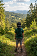 Ein Junge, von hinten fotografiert, steht auf einem sonnigen Wanderweg und blickt auf eine weite Landschaft aus bewaldeten Hügeln. Er trägt ein grünes T-Shirt und eine schwarze Kappe mit der weißen Aufschrift "#LAUSBUA".