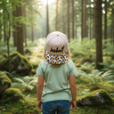Ein Mädchen, von hinten fotografiert, steht in einem moosbewachsenen, sonnendurchfluteten Wald. Es trägt eine gestreifte Kappe mit einem Nackenschutz im Leopardenmuster und dem schwarzen Schriftzug "Lausdeandl".